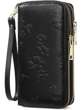 RFID Blocking Vegan Leather Double Zip Wristlet Wallet - Large Capacity Clutch
